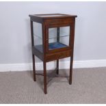 An Edwardian inlaid mahogany bijouterie Table, square glazed cupboard door, single drawer to base,