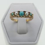 A graduated five stone turquoise and seed pearl Ring, all mounted in 9ct yellow gold, in the antique