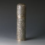 An early 20thC Indian silver cylindrical Pot and Cover, decorated with birds among trees, pull off