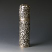 An early 20thC Indian silver cylindrical Pot and Cover, decorated with birds among trees, pull off