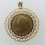 A Victorian gold Sovereign, dated 1896, in 9ct gold pierced pendant mount, total weight 11.7g.