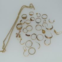 A quantity of mixed scrap / damaged Gold; 1.5g of 22ct, 12.9g of 18ct, 48.5g of 9ct (a lot)