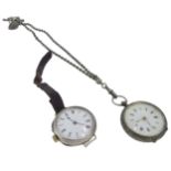 A Continental silver Fob Watch, with white enamel dial and gilt decoration, foliate engraved case