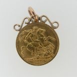 A George V gold Sovereign, dated 1913, on soldered pendant mount,