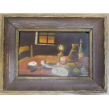 19th century School, Still life of table with food and drink, oil on wood panel, signed with