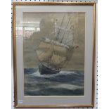 Ruben Chappell (1870-1940), Three mast sailing ship at sea, watercolour, signed lower left, 44cm x