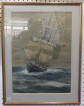 Ruben Chappell (1870-1940), Three mast sailing ship at sea, watercolour, signed lower left, 44cm x