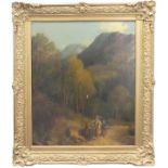 19th century School, Figures on a track in a wooded mountainous landscape, oil on canvas, 76cm x