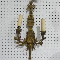 An Antique brass wall hanging Candelabra, converted to electricity, W 22 cm x H 47 cm, together with