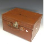 A Vintage leather square hat Box, the lid with embossed initials W. L. H, the interior with gilt