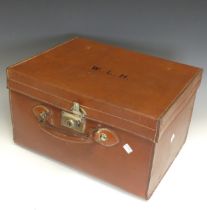 A Vintage leather square hat Box, the lid with embossed initials W. L. H, the interior with gilt
