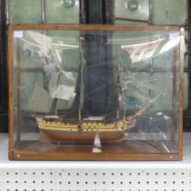 A HMS Victory model Warship, in glass box display case, W 50 cm x H 39 cm x D 21 cm.