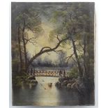 Anglo Chinese School (circa 1900), Wooded river garden with ornamental bridge, oil on canvas,