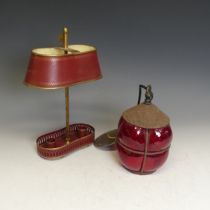 An Antique Bouillotte / Candle Lamp, painted red, together with a red hand blown glass Porch light