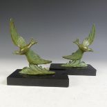 A pair of Art Deco style Swallows on marble bases, base of one swallow is signed 'TEDD', W 15 cm x H