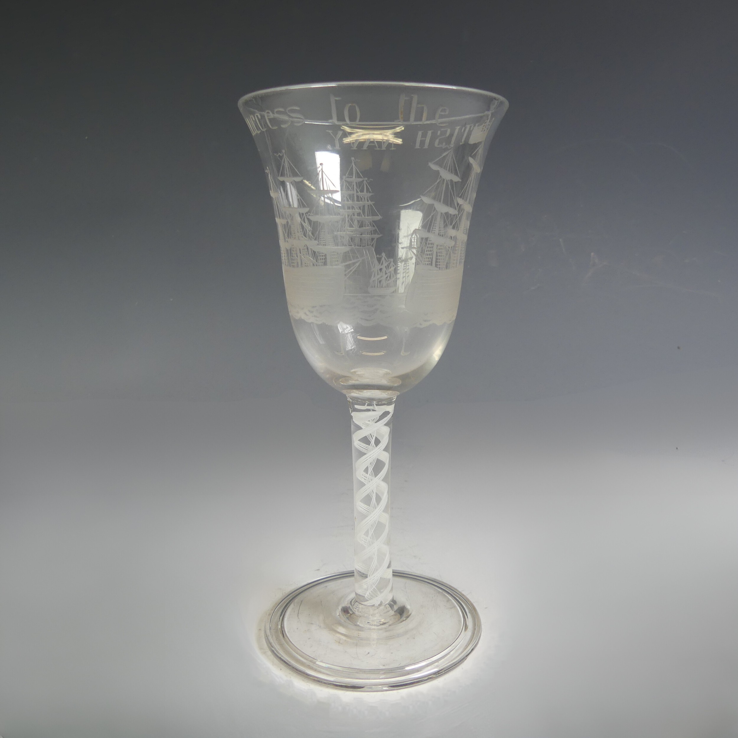 A good quality etched Wine Glass, the bucket glass with 'Success to the BRITISH NAVY' inscription as