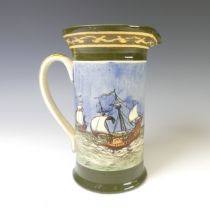 A Royal Doulton seriesware Jug, the cylindrical body with depictions of sailing ships upon the seas,