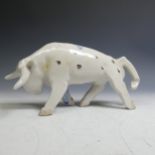Helena Bowen; a studio pottery figure of a Bull, of stylised form, white ground with touches of blue