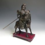 A 20thC Chinese bronze figure of a Warrior on Horseback, raised on hardwood plinth, H 31cm (on
