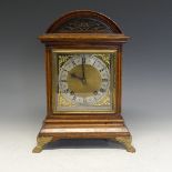 Winterhalder & Hofmeier oak mantel Clock, circa 1900, dial with Roman and Arabic chapter, signed