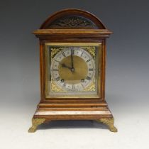 Winterhalder & Hofmeier oak mantel Clock, circa 1900, dial with Roman and Arabic chapter, signed