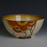 A Clarice Cliff bizarre 'Rhodanthe' pattern Bowl, with hand painted stylised trees in orange,