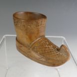 A mid-20thc hand carved decorative wooden Shoe/Boot, possibly Inuit or Southeastern Europe, W 9 cm x
