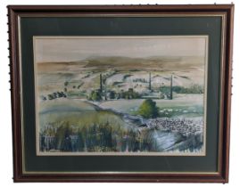Jim Nicholson (British, 1924-1996), Industrial factory chimneys in a rural landscape, watercolour,