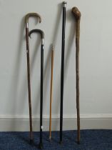 A silver mounted Royal Engineers Swagger Stick, L 69 cm, together with four more walking Sticks,