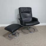 A stressless-style Chair and Footstool, made by Ikea, upholstered in black leatherette, (Chair) W 72