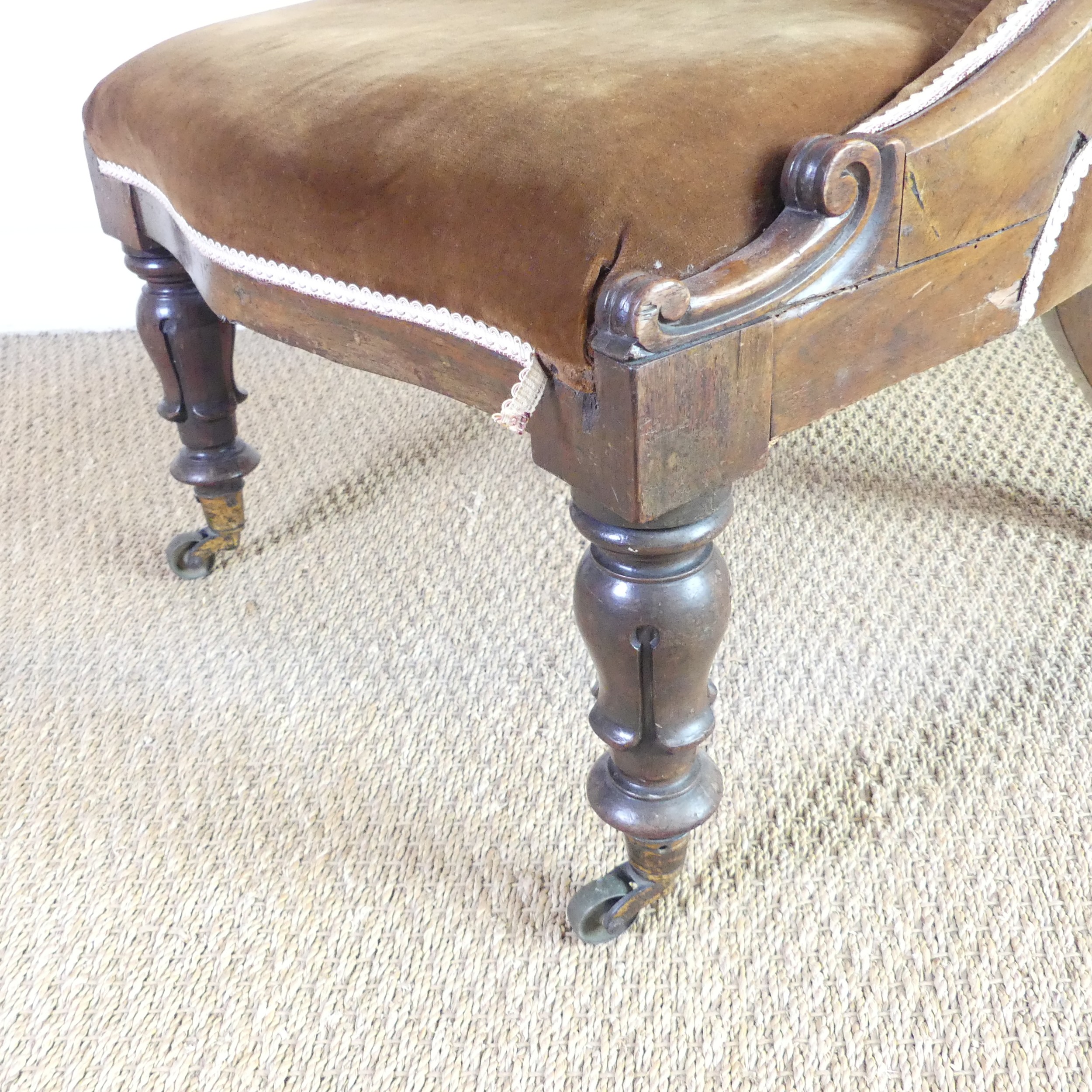 A Victorian mahogany show-frame nursing Chair, serpentine front, with brown upholstery, W 54 cm x - Image 2 of 4