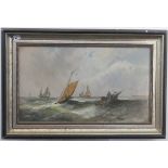 19th century School, Fishing boats sailing in choppy waters, oil on board, unsigned, 28cm x 48cm,