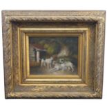 A decorative picture of three Dogs, in the antique style, oil on board, signed, 20cm x 25cm, in