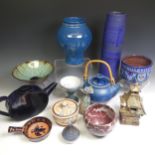 A small quantity of Studio Pottery, to comprise a Bruce Chivers tall Sleeve Vase, in blue, with