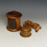 A 19thC lignum vitae String Box, of cylindrical form, W 14 cm x H 15 cm x D 14 cm, together with