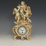 An early-20th century German ceramic-mounted mantle Clock, putti and angles, white enamel dial