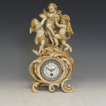 An early-20th century German ceramic-mounted mantle Clock, putti and angles, white enamel dial