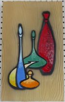 Bill Climes for Wade, Ireland; a Wall Plaque, depicting five stylised colourful bottles on wood