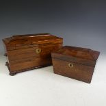 A Victorian rosewood Tea Caddy, two lidded compartment with mixing bowl, on bun feet, W 33 H 18 cm x