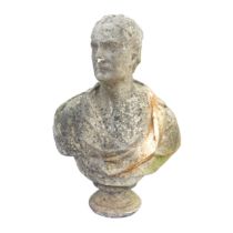 A Victorian white marble bust of a gentleman, wearing classical robes, on a turned circular socle,