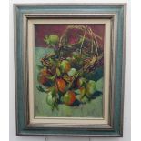 Paul Redvers (British, 1933-2021), Still life basket of Fruit, oil on canvas, 40cm x 30cm, framed.