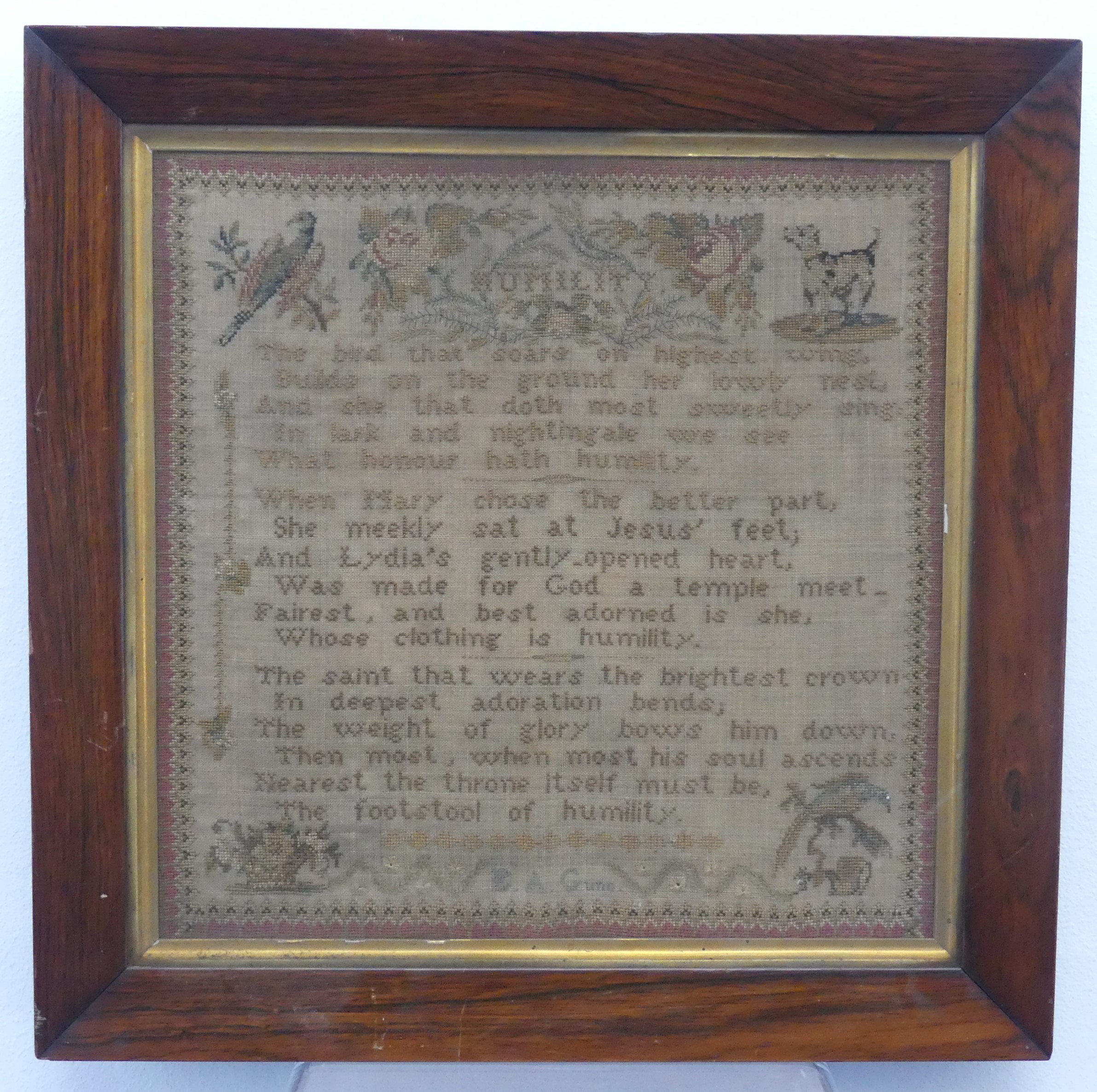 A needlework Sampler,19th century, English, worked by 'E. A. Gunn', with verses from James