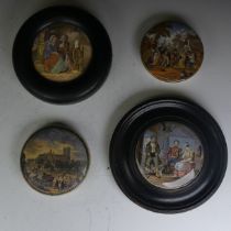 A group of prattware Pot Lids, comprising The Rivals, A Village Wedding, Persuasion and