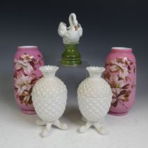 A pair of antique French opaque glass Pineapple Bonbon Jar, in the style of Portieux, H 18cm,