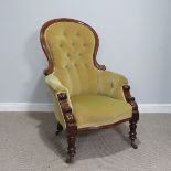 A Victorian button-back upholstered open Armchair, W 71 cm x H 110 cm x D 60 cm