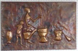 An African art ‘Andal’ copper figural wall Plaque, signed bottom left 'ANDAL A.J.M', H 73 cm x W 113