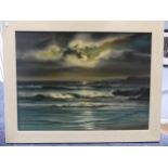 A.Beardsley, moonlit seascape, oil on canvas, signed at bottom left and framed, 44.5 cm x 60 cm.