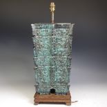 A vintage Chinese Bronze Lamp Base, of Archaic form on wooden base, 44.5cm high (excluding bulb