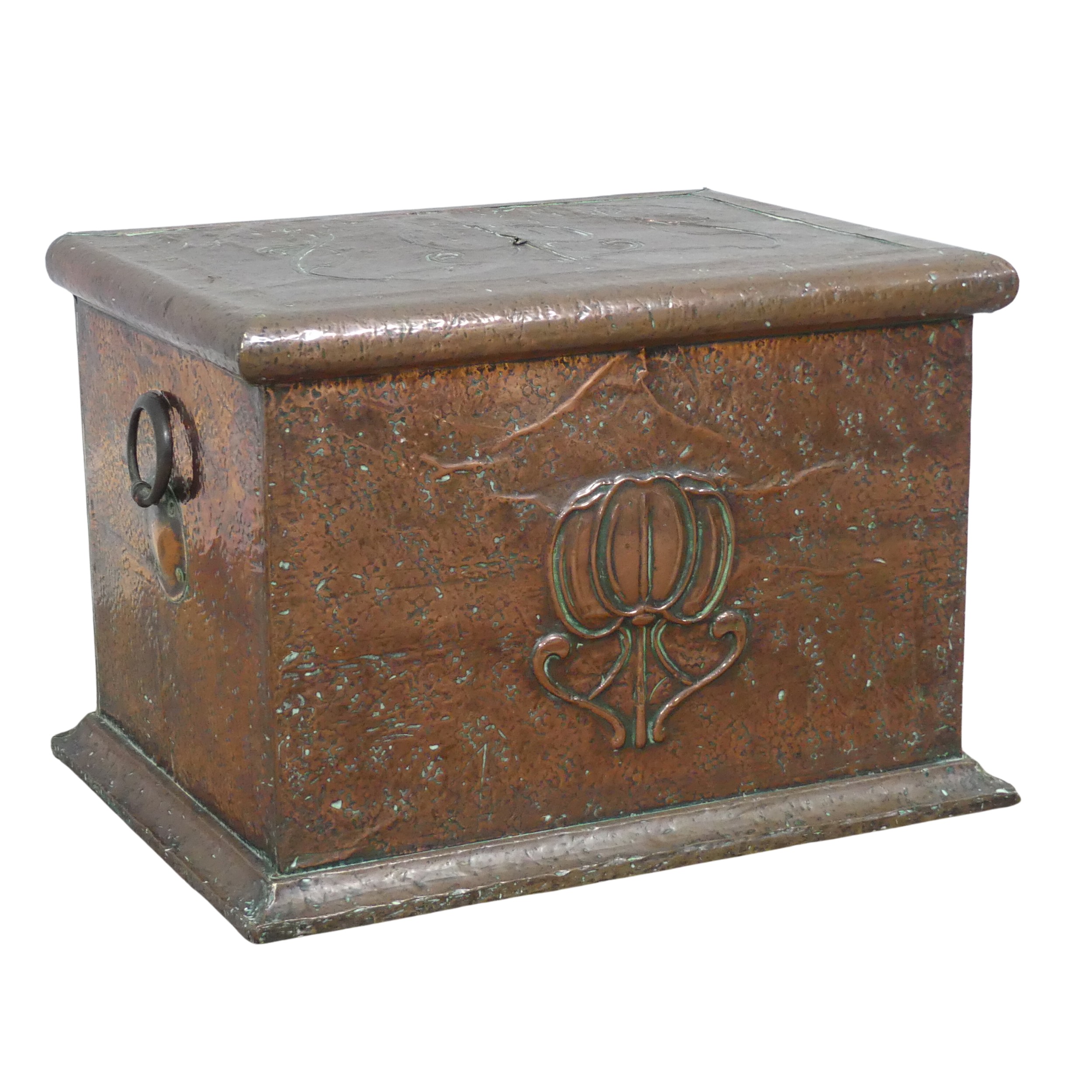 An Arts and Crafts hammered copper Log Box, with embossed stylised flower to the front, hinged lid