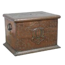 An Arts and Crafts hammered copper Log Box, with embossed stylised flower to the front, hinged lid